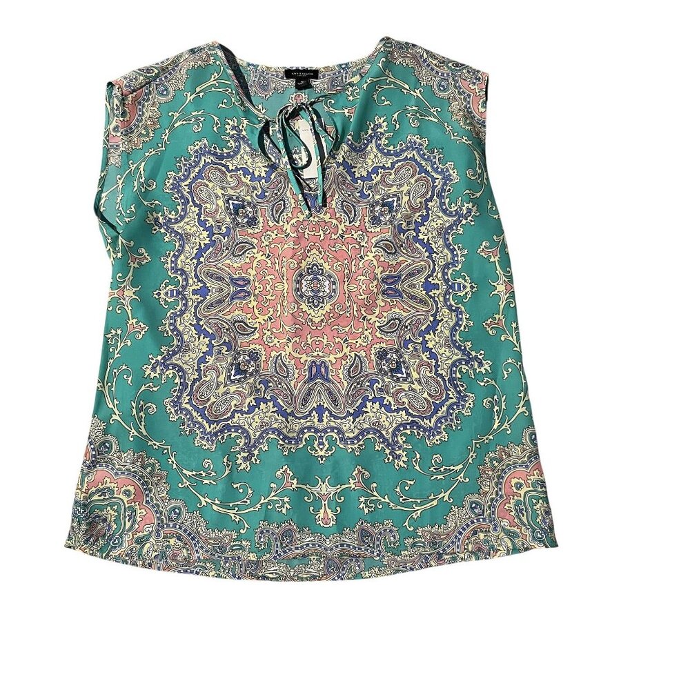 NWT Ann Taylor Turquoise & Pink Sleeveless Paisley Blouse medium